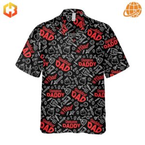 Full front view of Dungeon Daddy DND Hawaiian Shirt with all-over gaming-themed print.