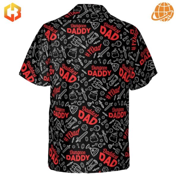 Back view of Dungeon Daddy DND Hawaiian Shirt displaying continuous gaming pattern.