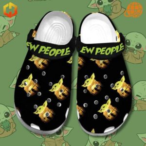 Ew People Baby Yoda Crocs Shoes shown on a green background with cartoon Baby Yoda illustrations, highlighting the black color, Baby Yoda graphics, and green "EW PEOPLE" text on the strap.