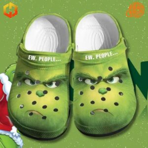 Ew People Grinch Crocs Shoes featuring detailed Grinch face and 