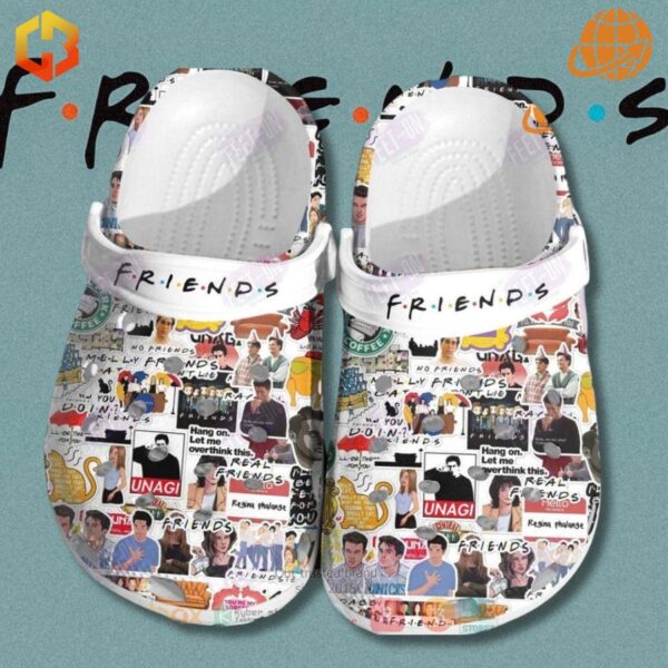 FRIENDS 30th Anniversary Crocs Shoes close-up on teal background, showing detailed show-themed collage design.