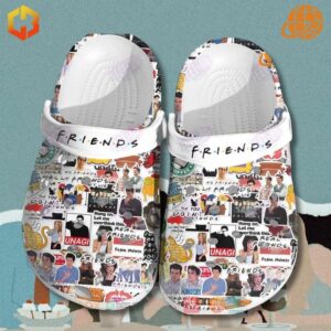 FRIENDS 30th Anniversary Crocs Shoes on teal background with character silhouettes, showcasing detailed show-themed design.