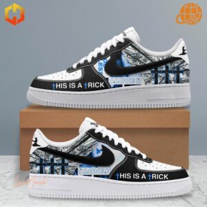 Custom Nike Air Force 1 shoes with a black and white color scheme and crossbones design.