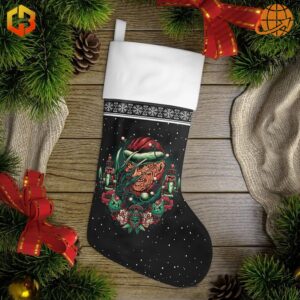 Freddy Krueger Christmas Stocking featuring a black background with Freddy’s festive design, nutcrackers, snowflakes, and a white cuff.