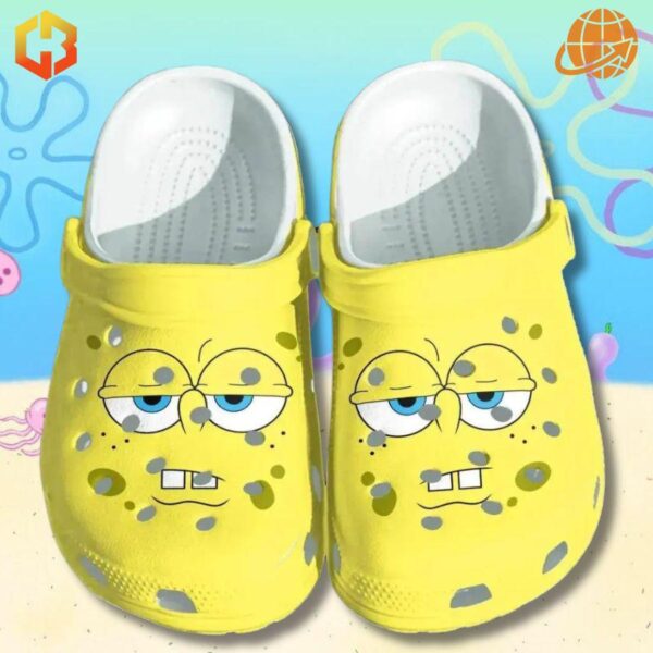 Funny Face Spongebob Squarepants Crocs Shoes on aqua background with ocean-themed decorative elements.