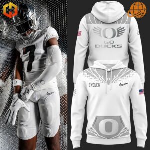 Front view of Generation O Warp Speed Oregon Ducks Hoodie showing white base with geometric shoulder patterns and 'O' logo