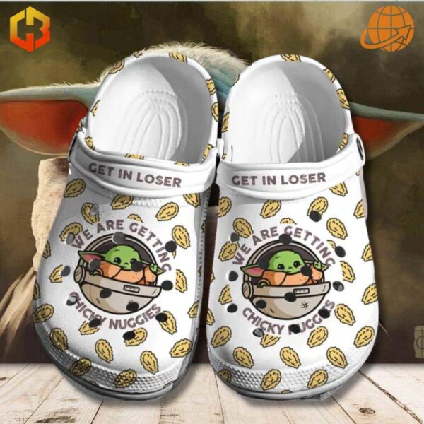 White Crocs with Baby Yoda and chicken nugget design, strap says "GET IN LOSER"