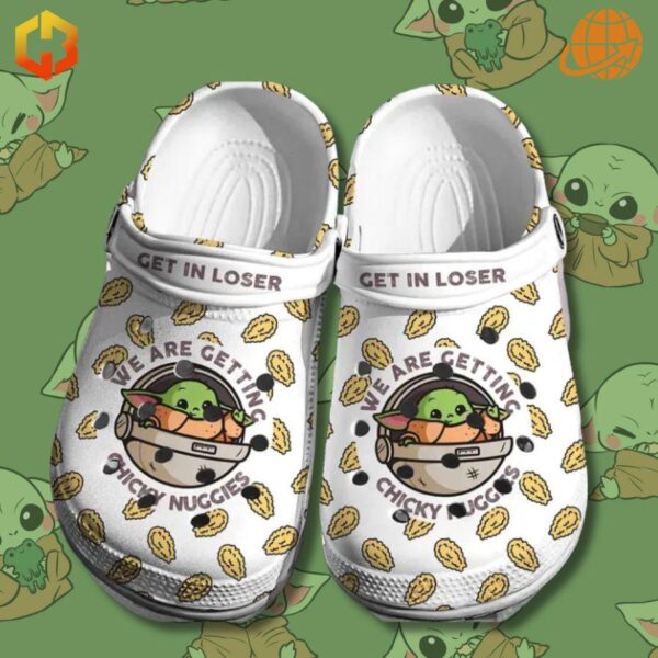 Baby Yoda Crocs with chicken nugget design on green background with Baby Yoda illustrations