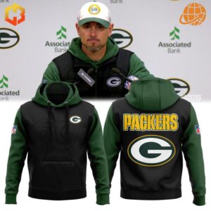 Green Bay Packers Hoodie featuring the Packers logo on a black and green design with a front pocket.