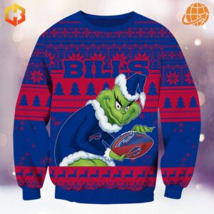 Blue and red Buffalo Bills sweater with a Grinch design.