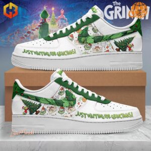 Grinch-themed Nike Air Force 1 sneakers.