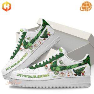 Custom Nike Air Force 1s with a Grinch design.