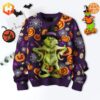 Grinch Witch Halloween Christmas Sweater with purple background, featuring the Grinch in a witch’s hat surrounded by pumpkins and spiderwebs.