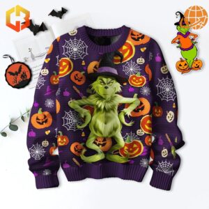 Grinch Witch Halloween Christmas Sweater with purple background, featuring the Grinch in a witch’s hat surrounded by pumpkins and spiderwebs.