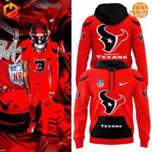 Houston Texans red hoodie with team logo and NFL player in matching uniform