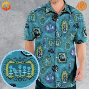 Close-up of Haunted Mansion themed Hawaiian shirt with teal background and various ghostly designs