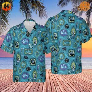 Front and back view of Haunted Mansion inspired Hawaiian shirt with ghostly pattern