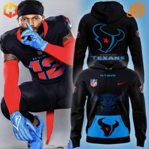 Houston Texans H-Town Hoodie shown from multiple angles, featuring team logos and a player in uniform.