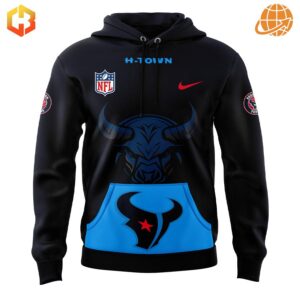 Front view of black Houston Texans hoodie with blue bull graphic and team logos.