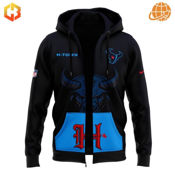 Zip-up version of the Houston Texans H-Town Hoodie with full-length front zipper.