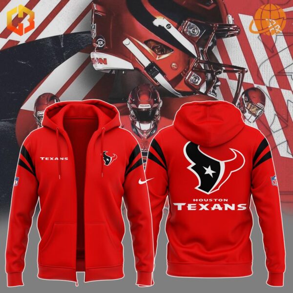 Front and back view of the Houston Texans H-Town Red Zip-Up Hoodie with team logos and text.