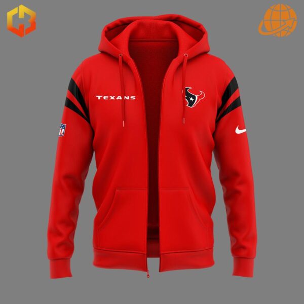 Front view of the Houston Texans H-Town Red Zip-Up Hoodie with team logo and text.