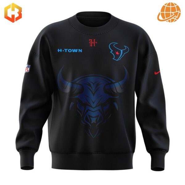 Black Houston Texans H-Town sweatshirt with bull design front view