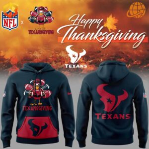 Houston Texans Thanksgiving Day Hoodie displayed front and back on a fall-themed background with NFL logo.