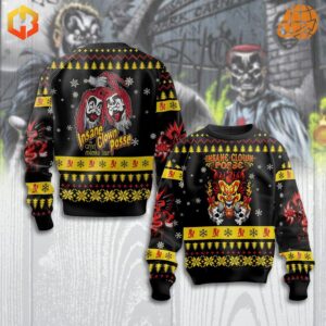 Insane Clown Posse Christmas sweater with clown faces and holiday patterns