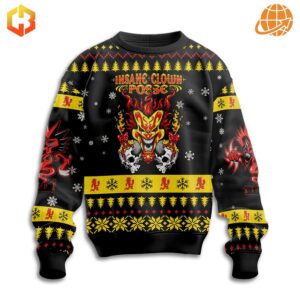 Front view of Insane Clown Posse ugly Christmas sweater with clown and skull design