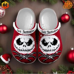 Jack Skellington Crocs Shoes showcased among Christmas decorations, including ornaments and pine branches.