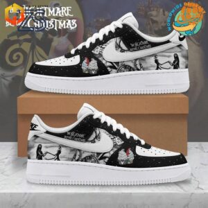 Black Nike Air Force 1 with white swoosh and Nightmare Before Christmas graphics.