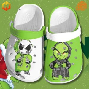 Jack Skellington and Grinch Crocs Shoes with character designs on a green background.