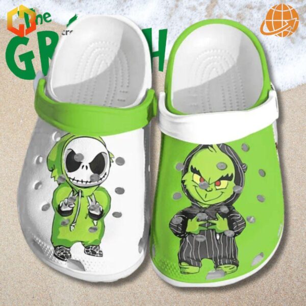 Jack Skellington and Grinch Crocs Shoes with character designs on a sandy beach background.