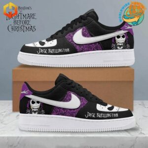 Jack Skellington Nike Air Force Shoes showcasing black base with white skeletal grin on toe box and full-body character illustration on heel.