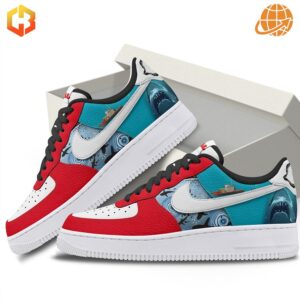 Jaws Nike Air Force Shoes partially removed from white shoebox, revealing vibrant red, teal, and white design with shark imagery.