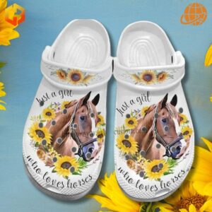 Yellow-themed Just A Girl Who Loves Horses Sunflower Crocs Shoes with vibrant floral and horse graphics.