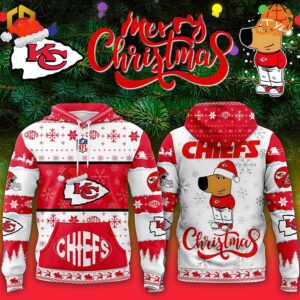 Kansas City Chiefs Christmas hoodie with festive design, team logos, and cartoon mascot