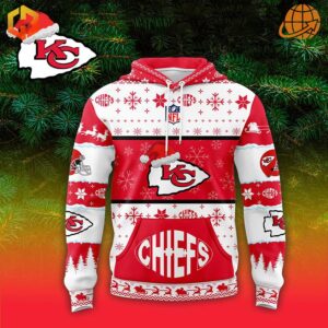 Front view of Kansas City Chiefs Christmas hoodie with detailed holiday design