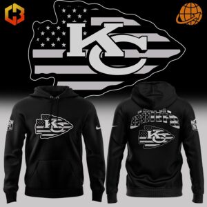 Kansas City Chiefs Military Appreciation Hoodie with patriotic logo designs on black background.