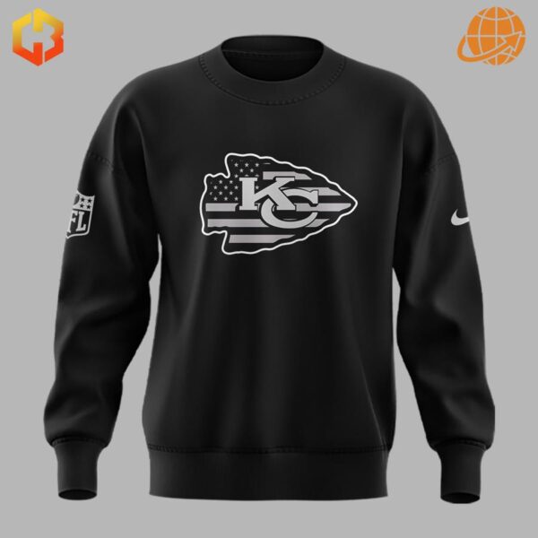 Front view of Kansas City Chiefs US Flag black sweatshirt with logo on chest.