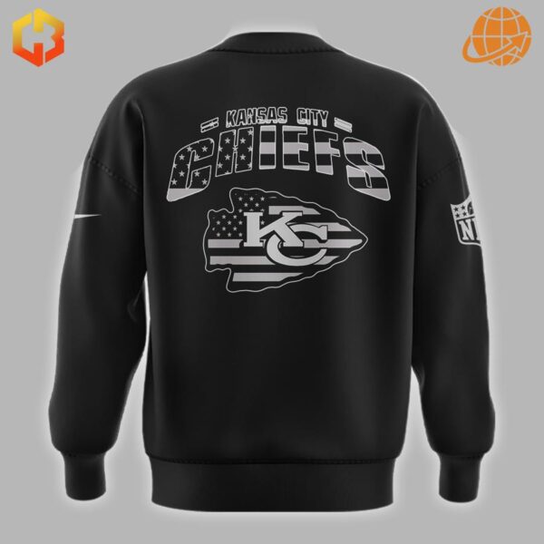 Back view of Kansas City Chiefs US Flag black sweatshirt with team name and logo.