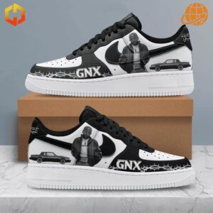 Kendrick Lamar GNX Nike Air Force 1 Shoes with black and white custom design featuring figure and car graphics