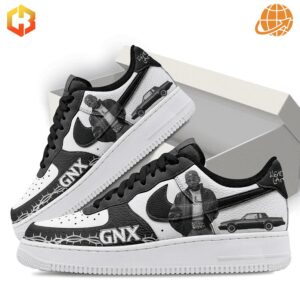 Kendrick Lamar GNX Nike Air Force 1 Shoes shown in and out of box, featuring custom black and white design