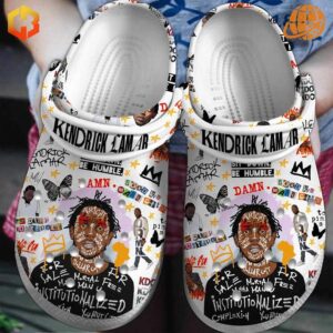 Kendrick Lamar Humble Crocs Shoes with colorful artwork, featuring the artist's portrait and lyrics on a white base.