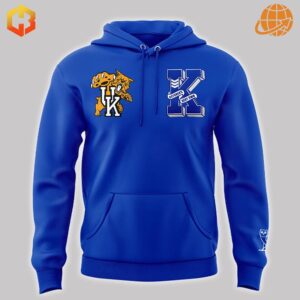 Front view of Kentucky Wildcats Kenny Brooks Hoodie displaying dual chest logos in royal blue and gold