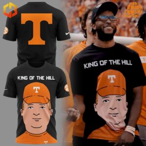 Black King Of The Hill Tennessee Volunteers Shirt with "King of the Hill" text on the front and a caricature of a fan wearing a Tennessee Volunteers cap, with a large "T" logo on the back.