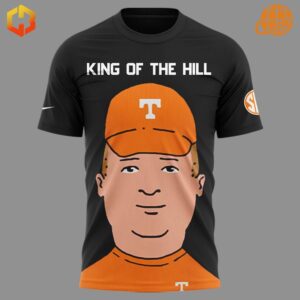 Black King Of The Hill Tennessee Volunteers Shirt with "King of the Hill" text and a caricature of a fan wearing a Tennessee Volunteers cap on the front.