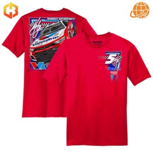 Red NASCAR t-shirt for Kyle Larson featuring his race car, number 5, and Hendrick Motorsports branding on front and back.