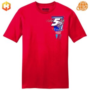 Front view of Kyle Larson NASCAR shirt showing number 5 and sponsor logos on red background.